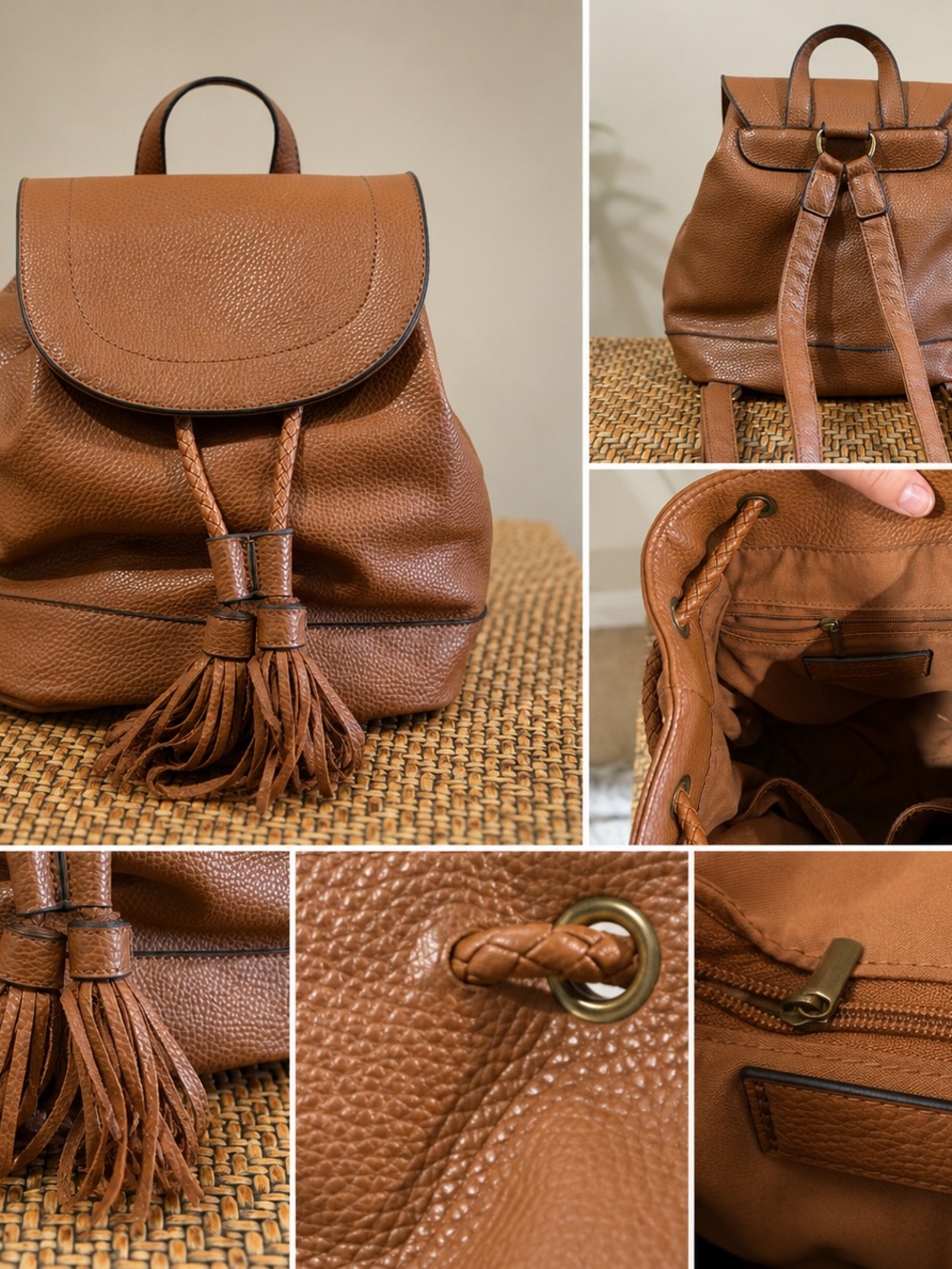 G.H. Bass & Co. Brown Pebbled Leather Tassel Drawstring Backpack